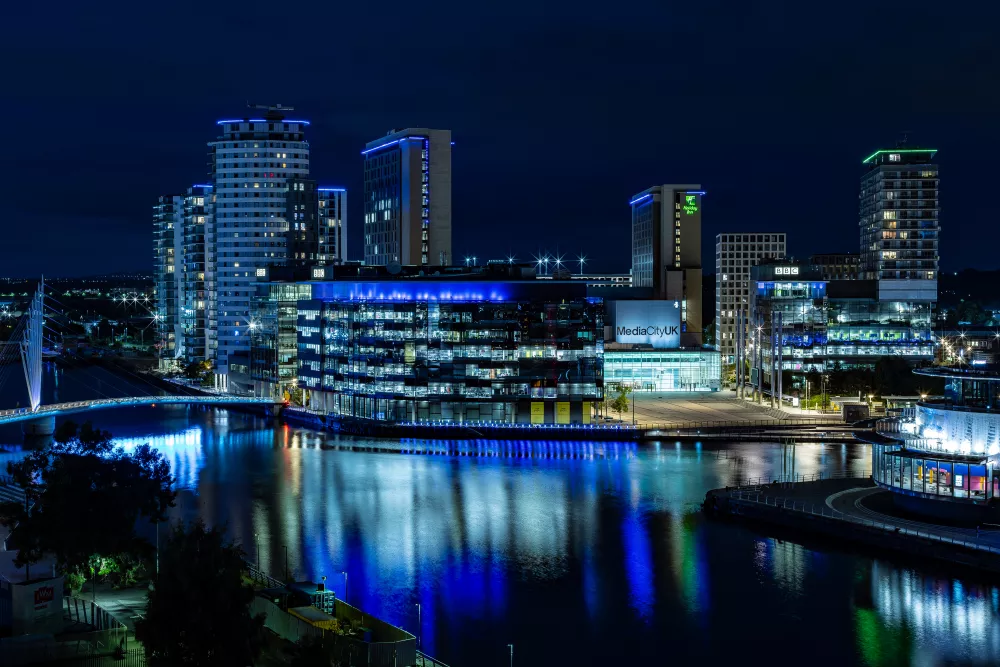 Nighttime city scape of MediaCity in Salford 